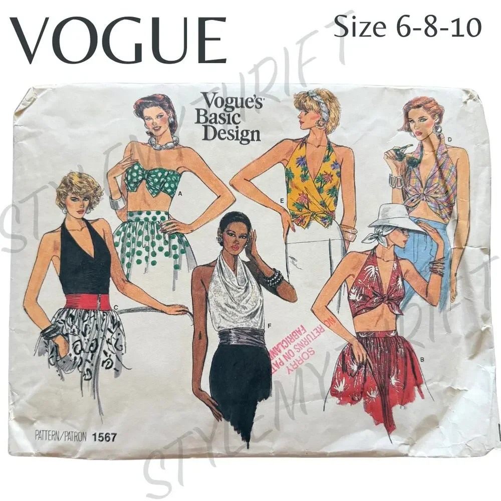 ---SOLD---UC FF Vogue 1567 Sewing Pattern Vintage 80s Summer Halter Bandeau Tops - Picture 1 of 6